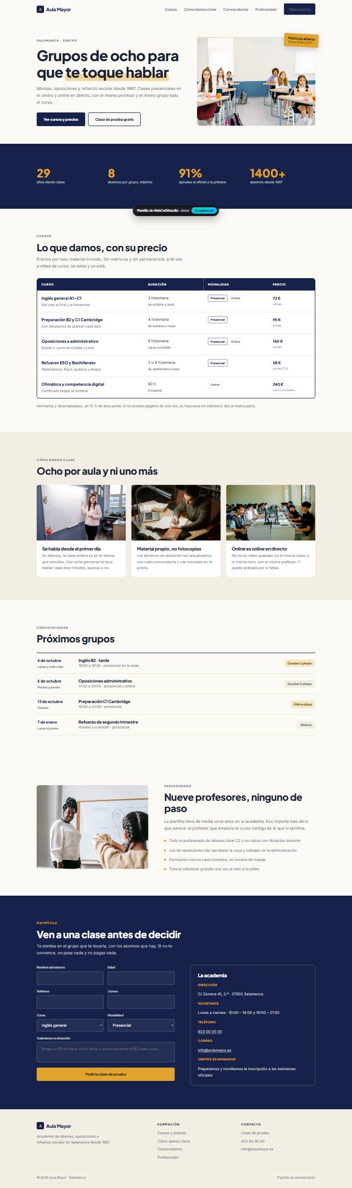 Captura de la plantilla Aula Mayor para web para academias