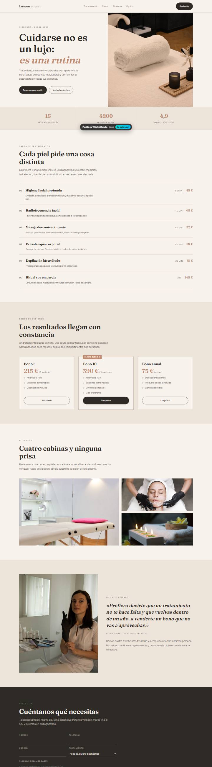 Captura de la plantilla Lumen Estética para web para centros de estética