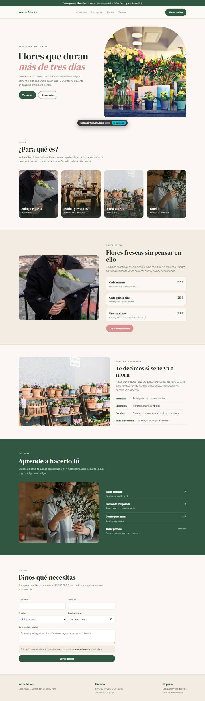 Captura de la plantilla Verde Menta para web para floristerías