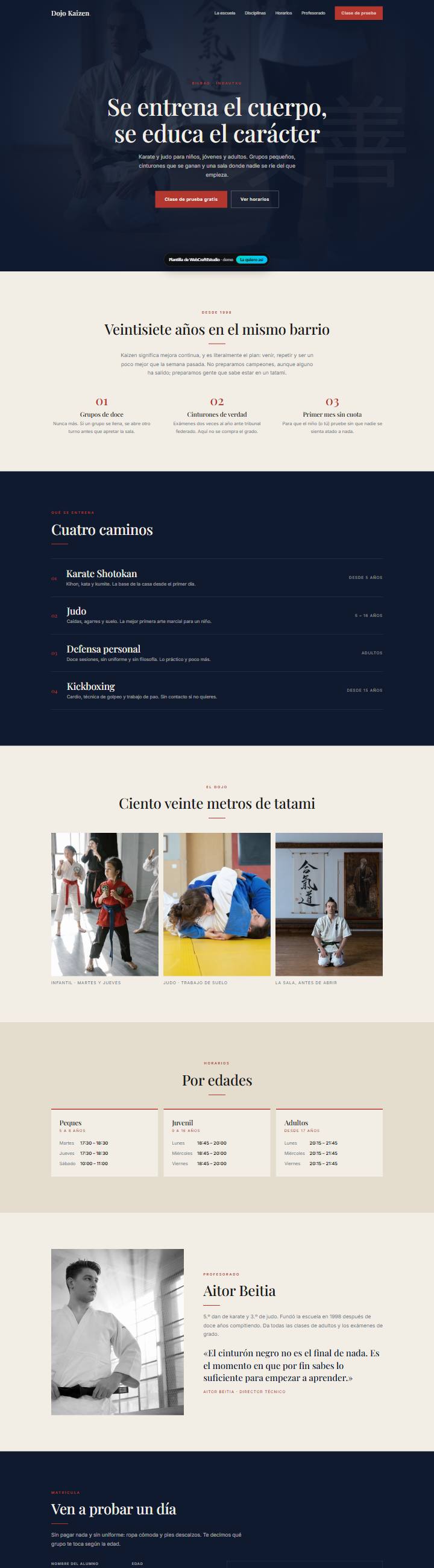 Captura de la plantilla Dojo Kaizen para web para escuelas de artes marciales