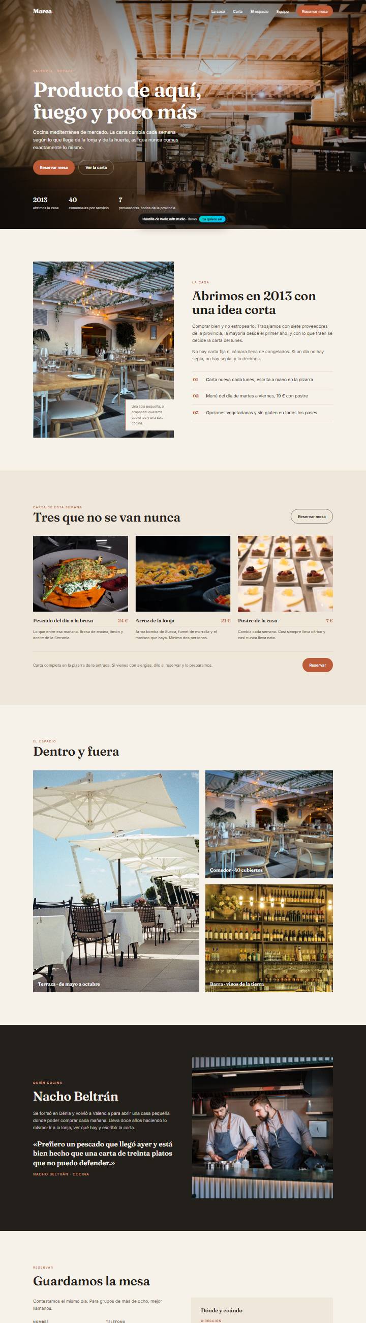 Captura de la plantilla Marea para web para restaurantes